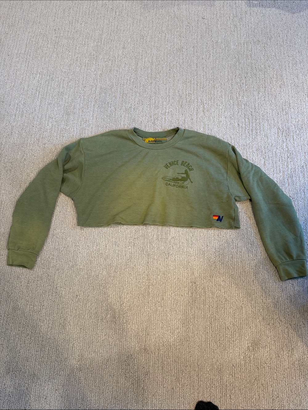 Aviator Nation Olive Green Venice Beach Graphic Cropped Sweatshirt